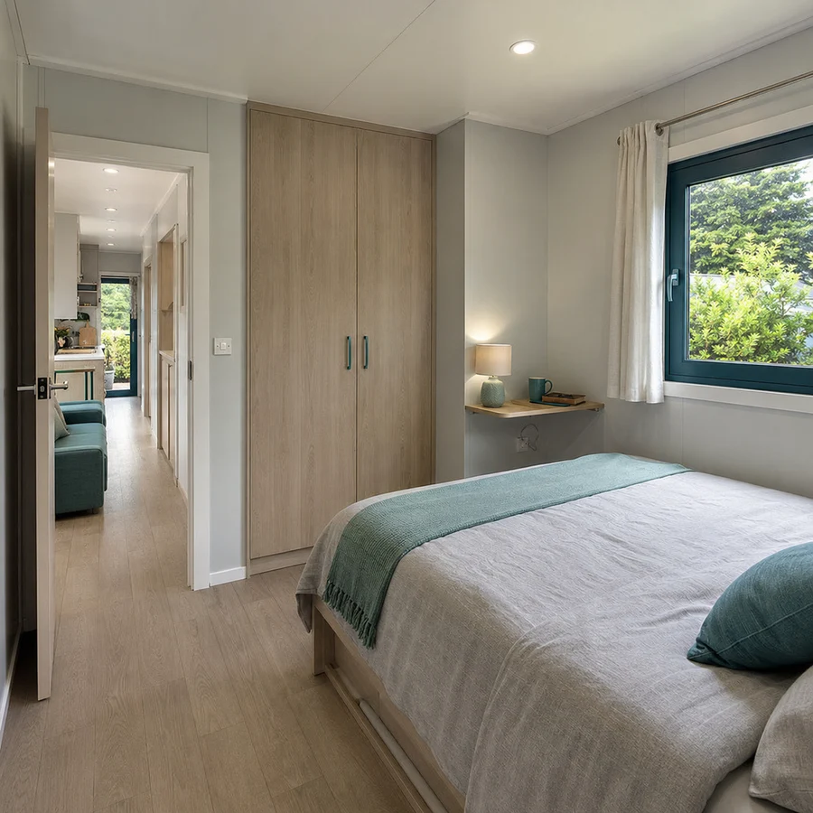 Bedroom inside a 20x10 ft affordable container home, with a bedroom with fitted wardrobes