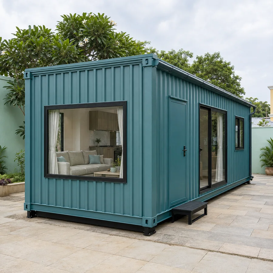 End-on view of a 20x10 ft affordable container home with the gable glazing lit, teal cladding, on a paved plot in a coastal palm village