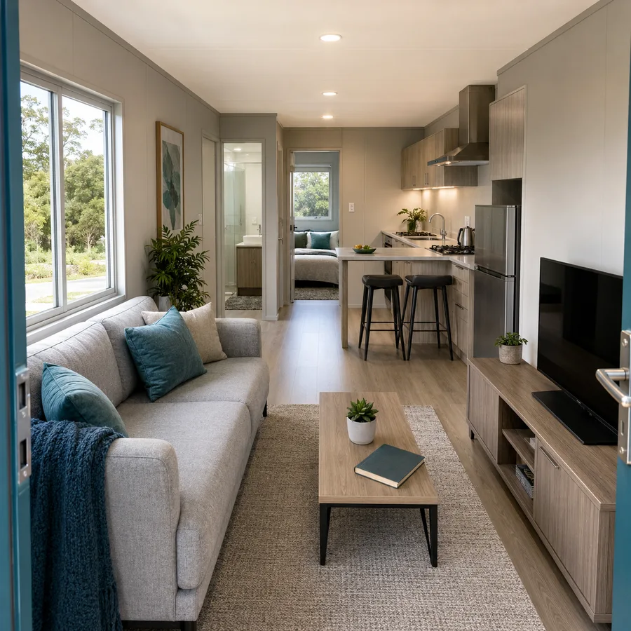 Entry and living area inside a 20x10 ft affordable container home, with a sofa facing a media unit