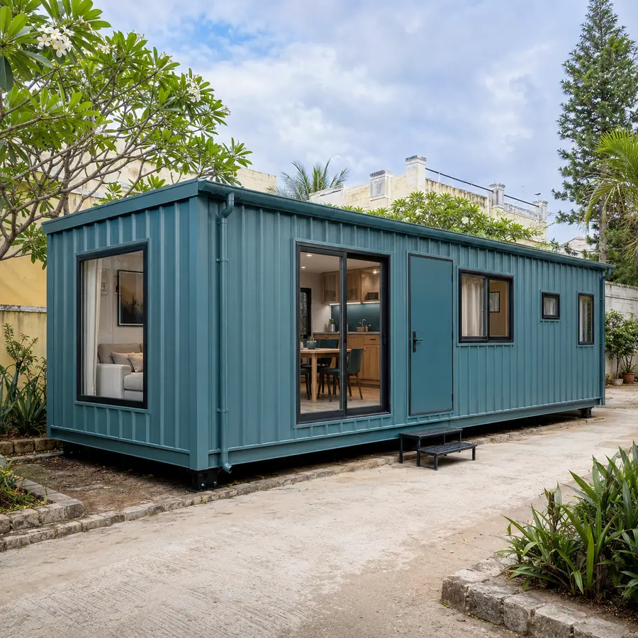 Front-left angle on a 20x10 ft affordable container home in teal cladding, on a paved plot in a coastal palm village