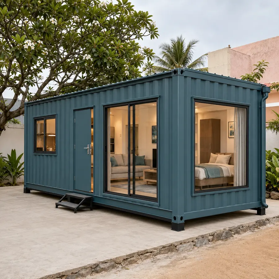 Front-right hero view of a 20x10 ft affordable container home, teal cladding, on a paved plot in a coastal palm village