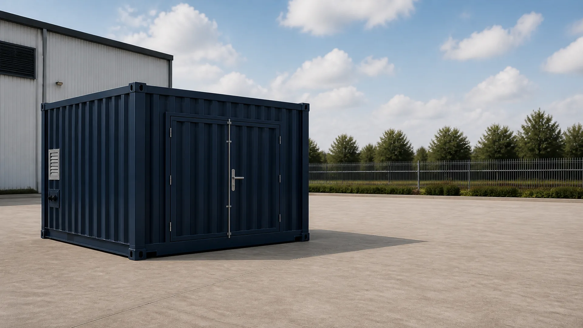 Steel BESS enclosure installed beside a solar array on a concrete plinth, service doors closed