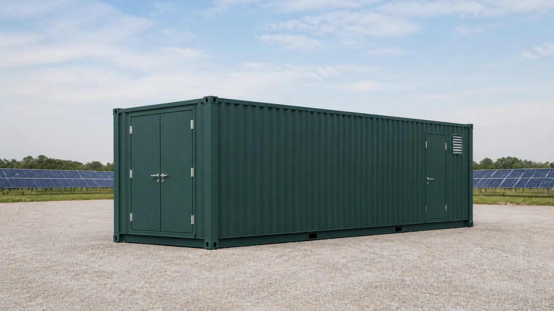 High cube battery enclosure exterior showing wall louvres and the technical service end