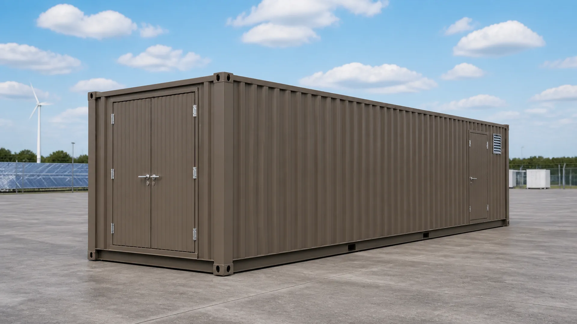 Thirty foot battery enclosure standing on a levelled plinth in an outdoor power compound
