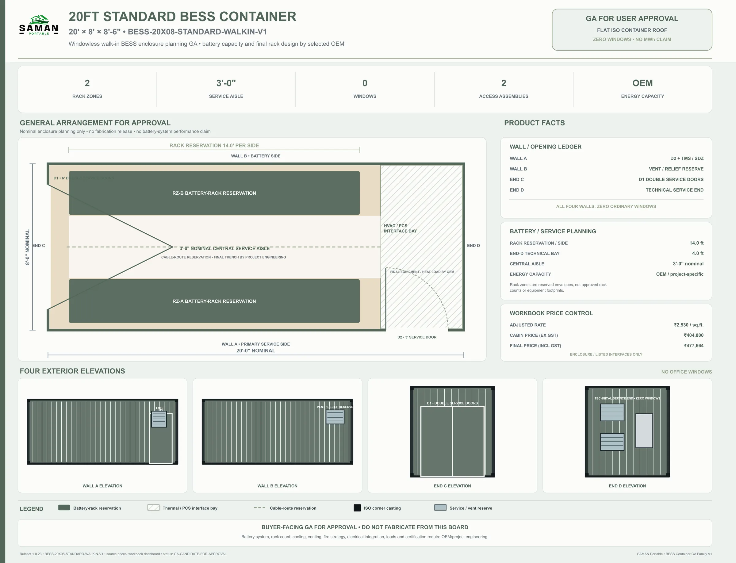 Approved GA board for the 20 ft standard BESS enclosure with 14 ft rack reservation per side