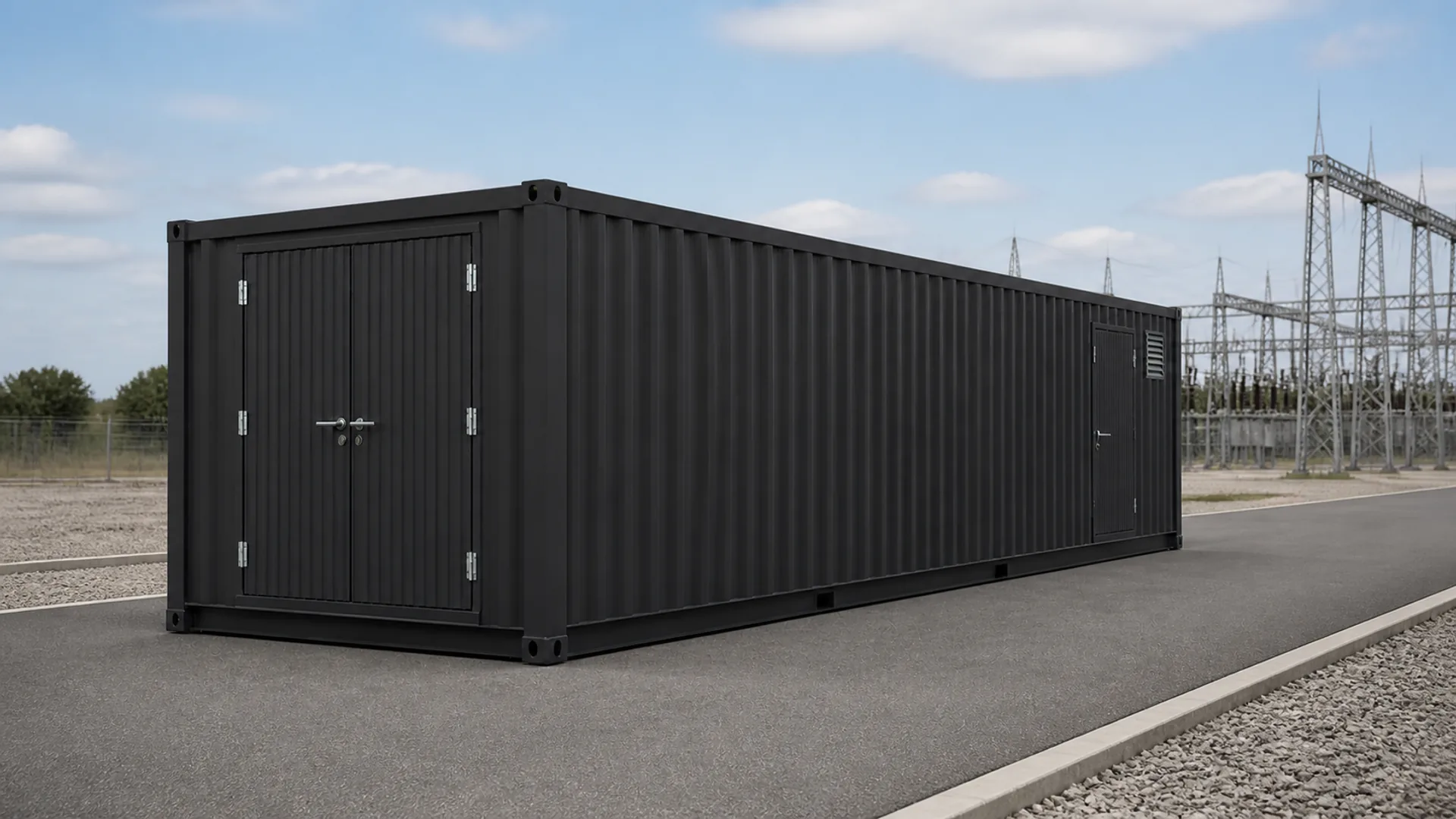 Steel battery storage container on a concrete plinth beside a solar array, service doors closed