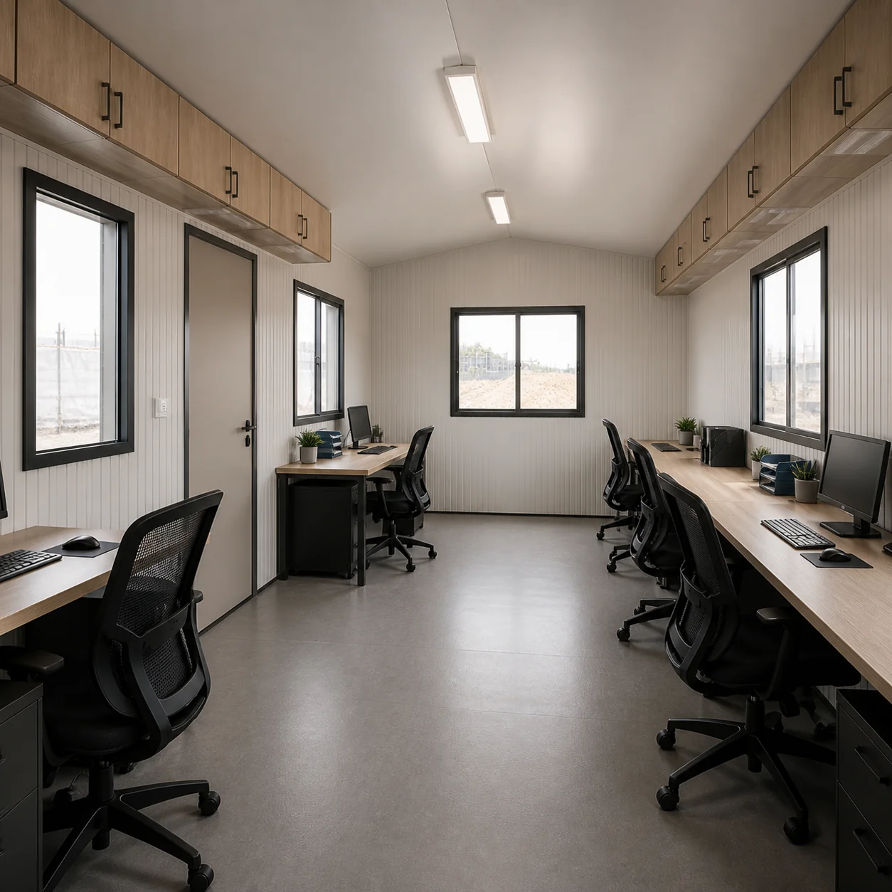 20 × 10 ft site cabin interior corner, front wall door and left end wall window above the desks