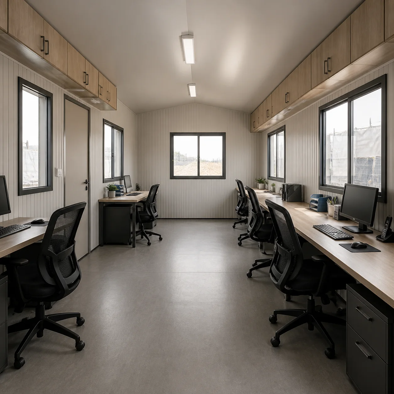 Inside the 20 × 10 ft site cabin from the door, five desks in two runs with a clear central aisle