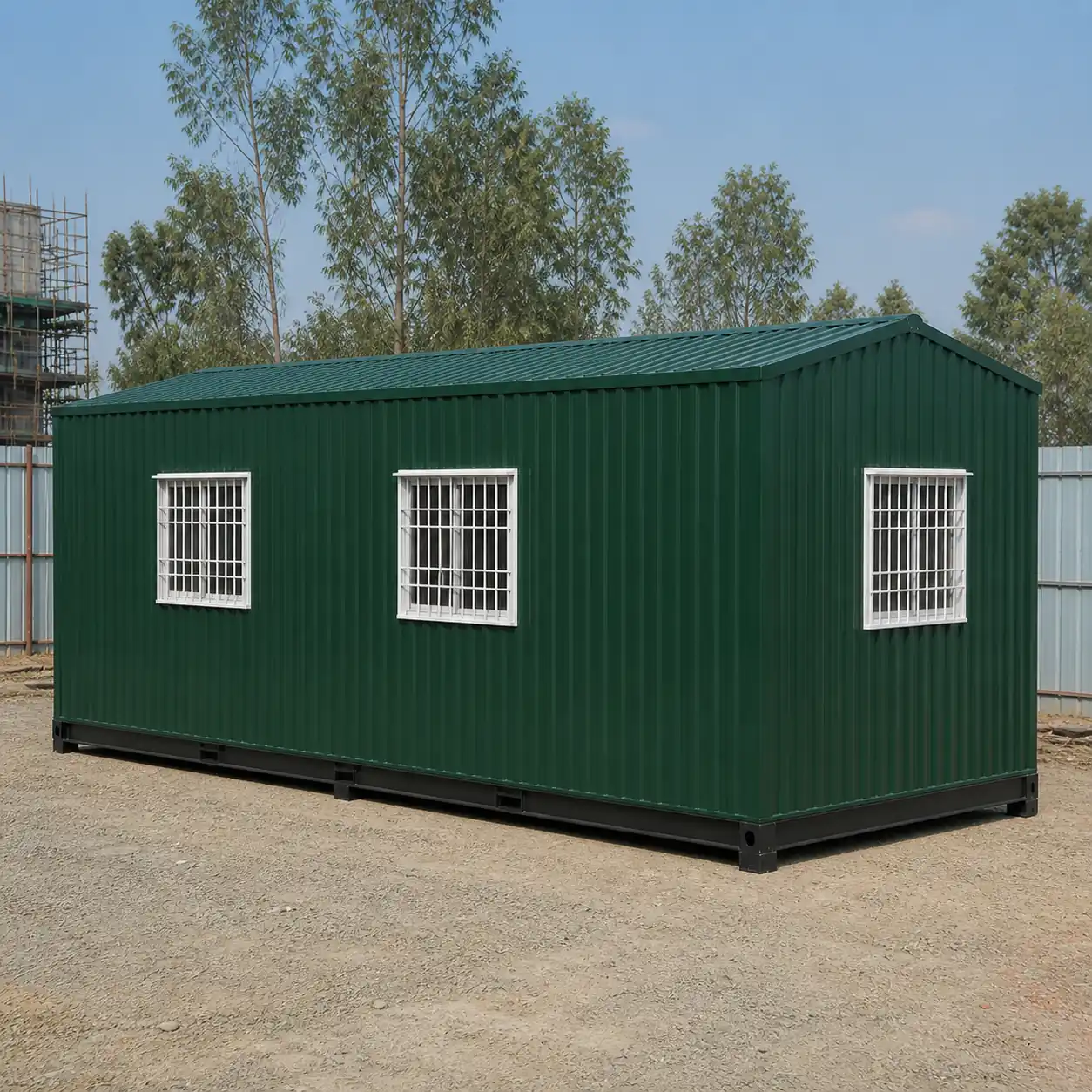 20 × 10 ft site office cabin rear elevation with two rear windows and the centred ridge roof