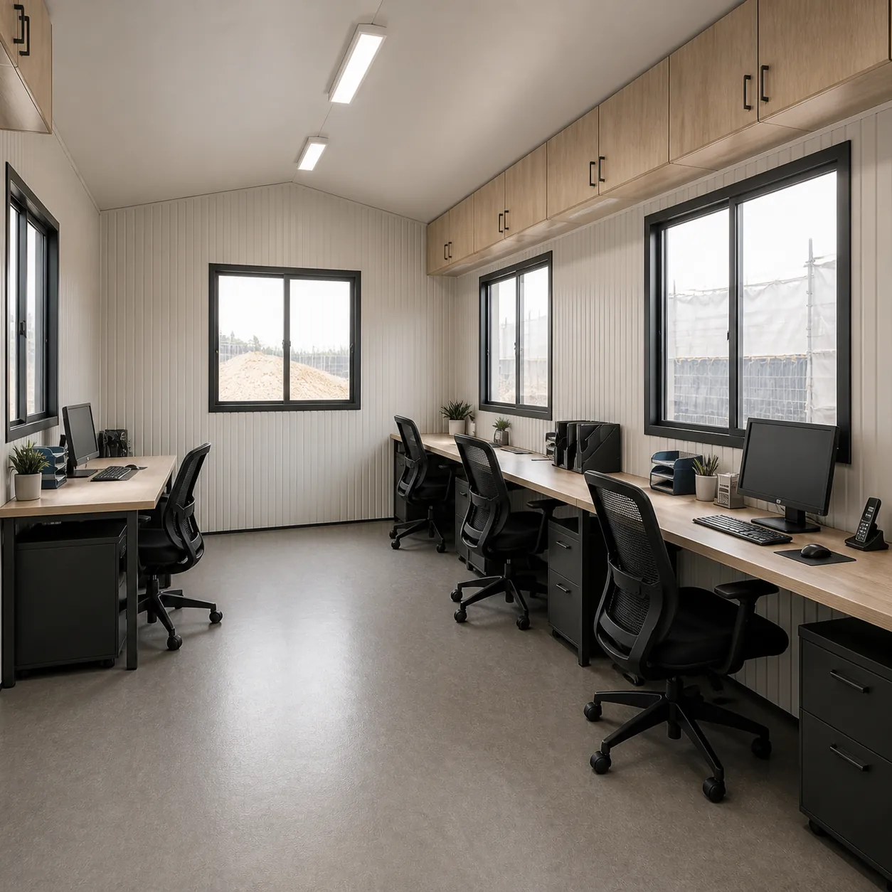 20 × 10 ft site cabin interior from the far end, rear desk run under two 4 ft windows