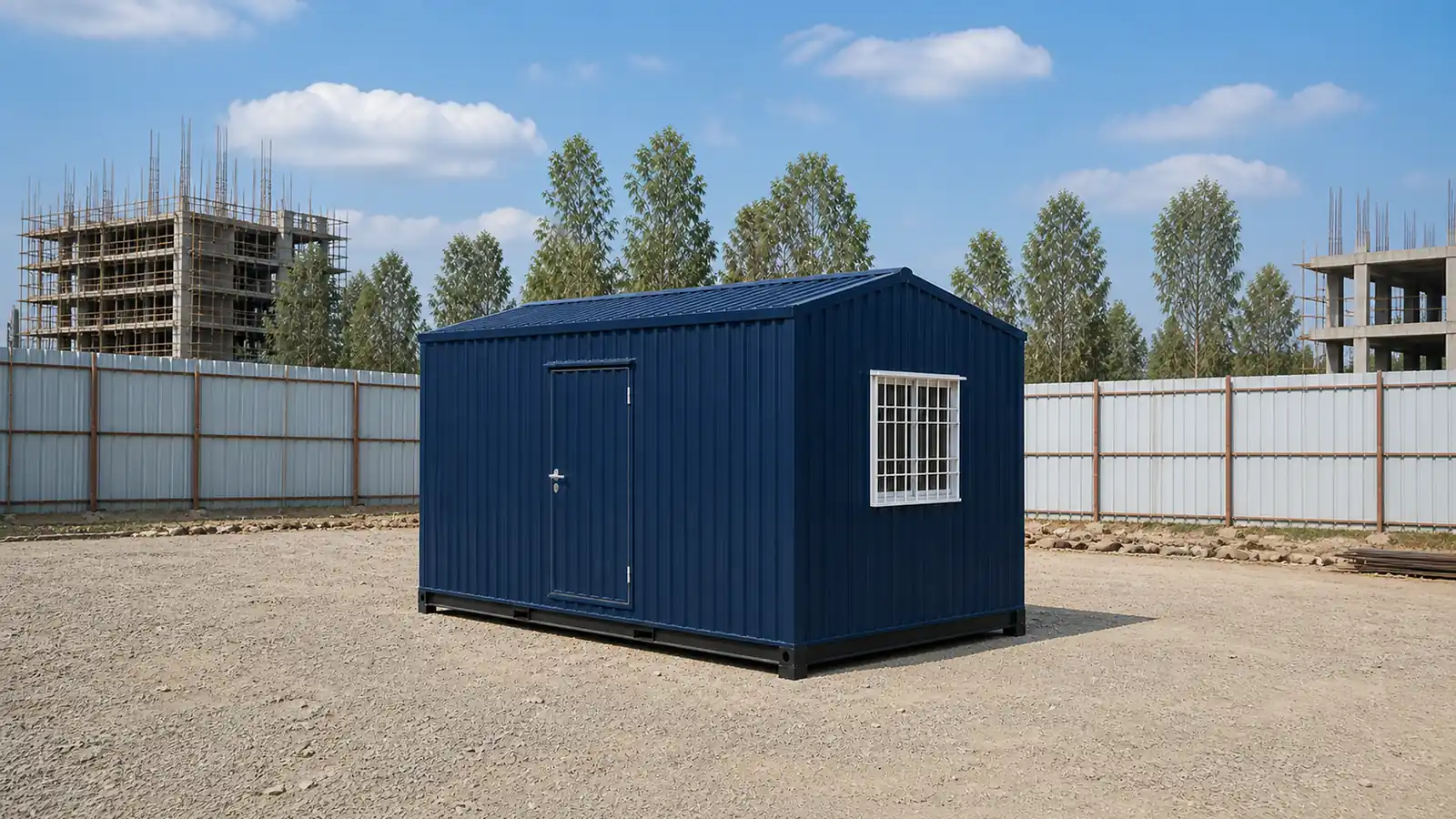 10 × 10 ft construction site cabin inside the hoarding line of an active project, structure rising behind