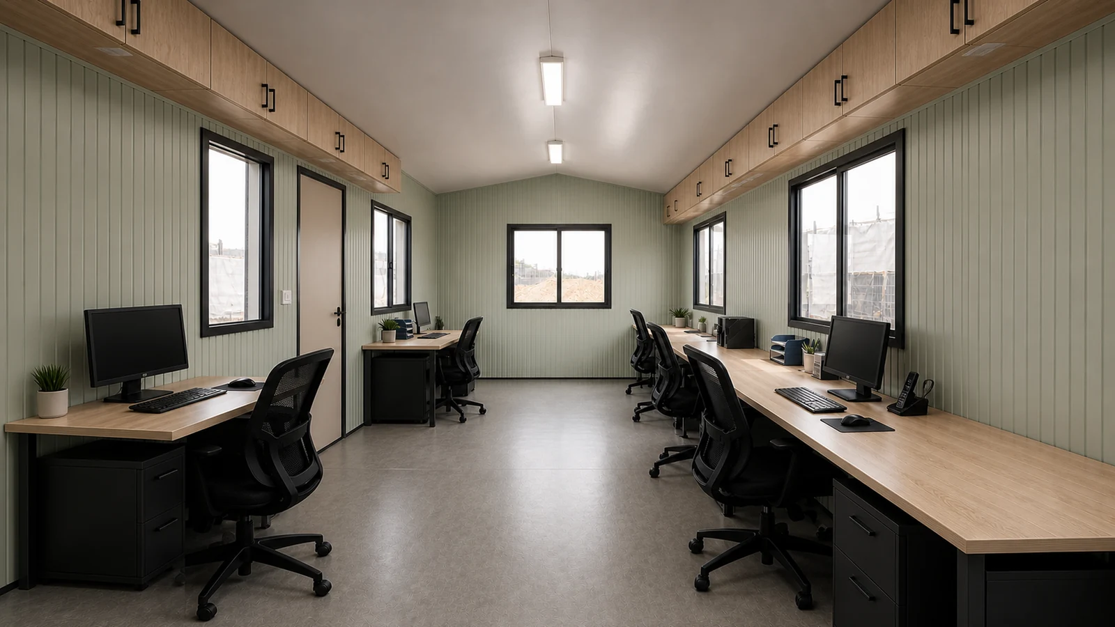 Interior of a 20 × 12 ft site cabin, five desks and the wider central aisle on the 12 ft width