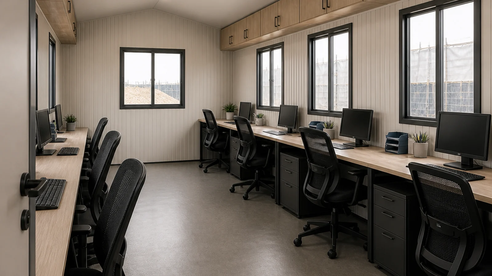 Interior of a 30 × 10 ft site cabin, eight desks staged in two runs along the long walls