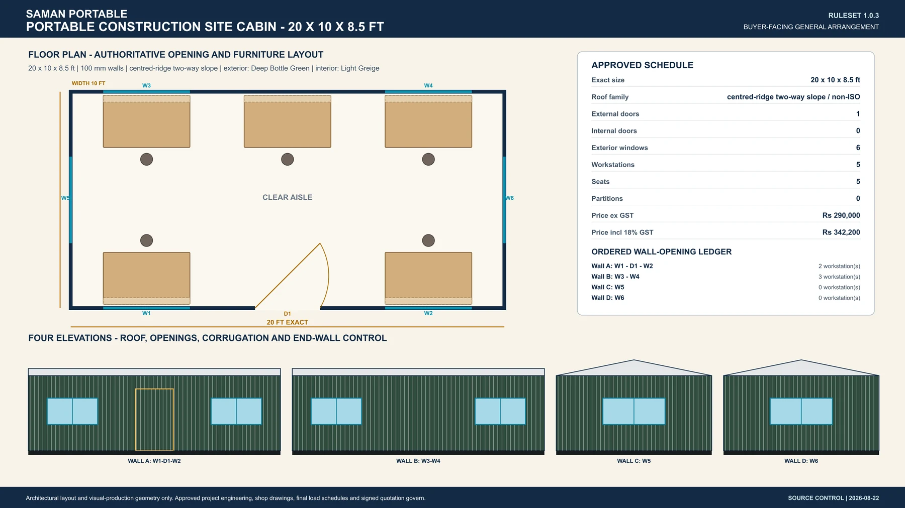 GA drawing, 20 × 10 ft construction site cabin: five staged desks, one door and six windows