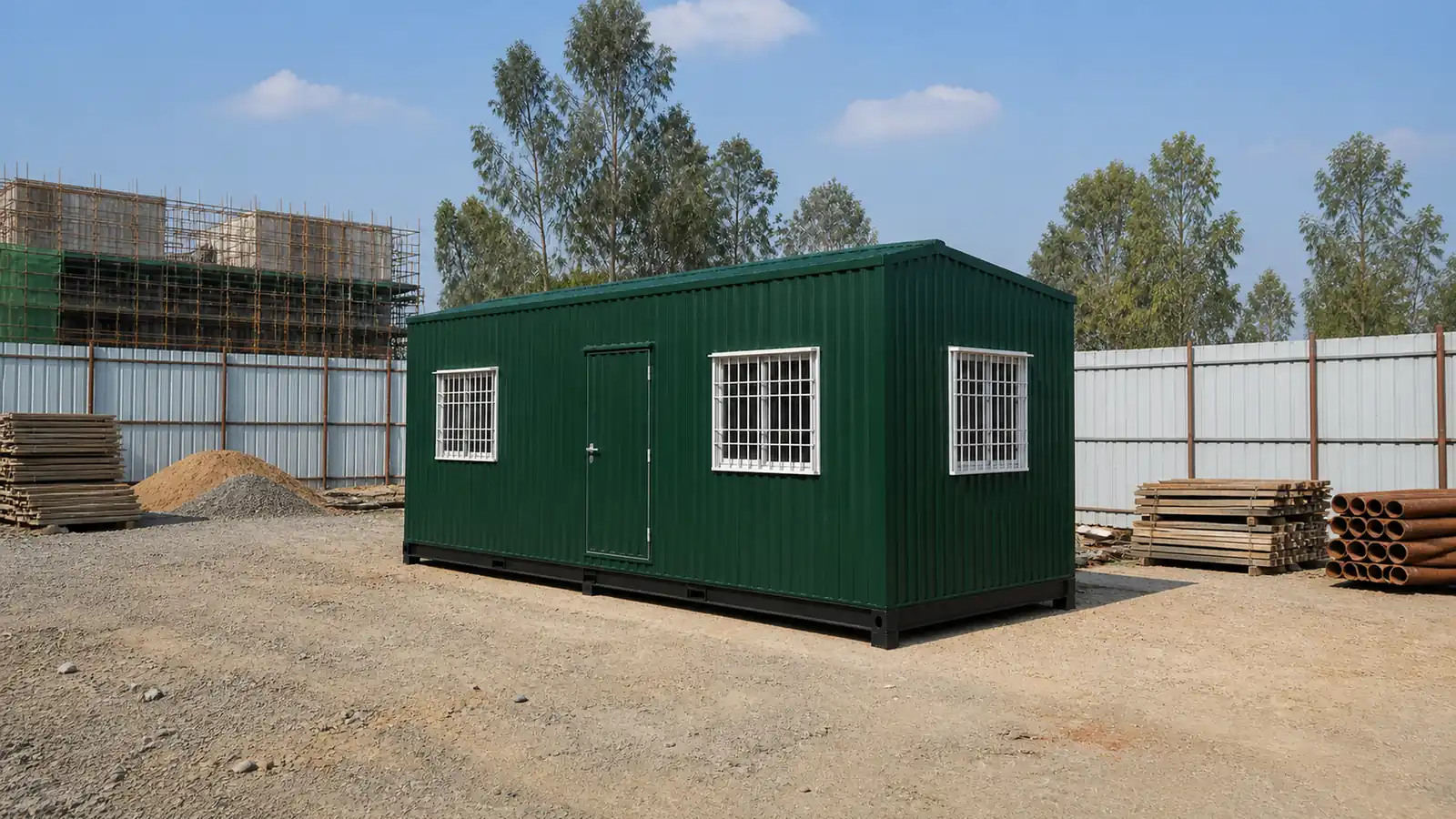 20 × 10 ft construction site cabin standing on an active building site beside stacked shuttering and pipe
