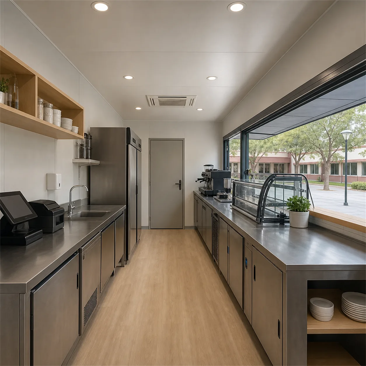SAMAN container cafe 20x10x8.5 ft, 200 sq ft seating 17, interior looking along the entrance axis