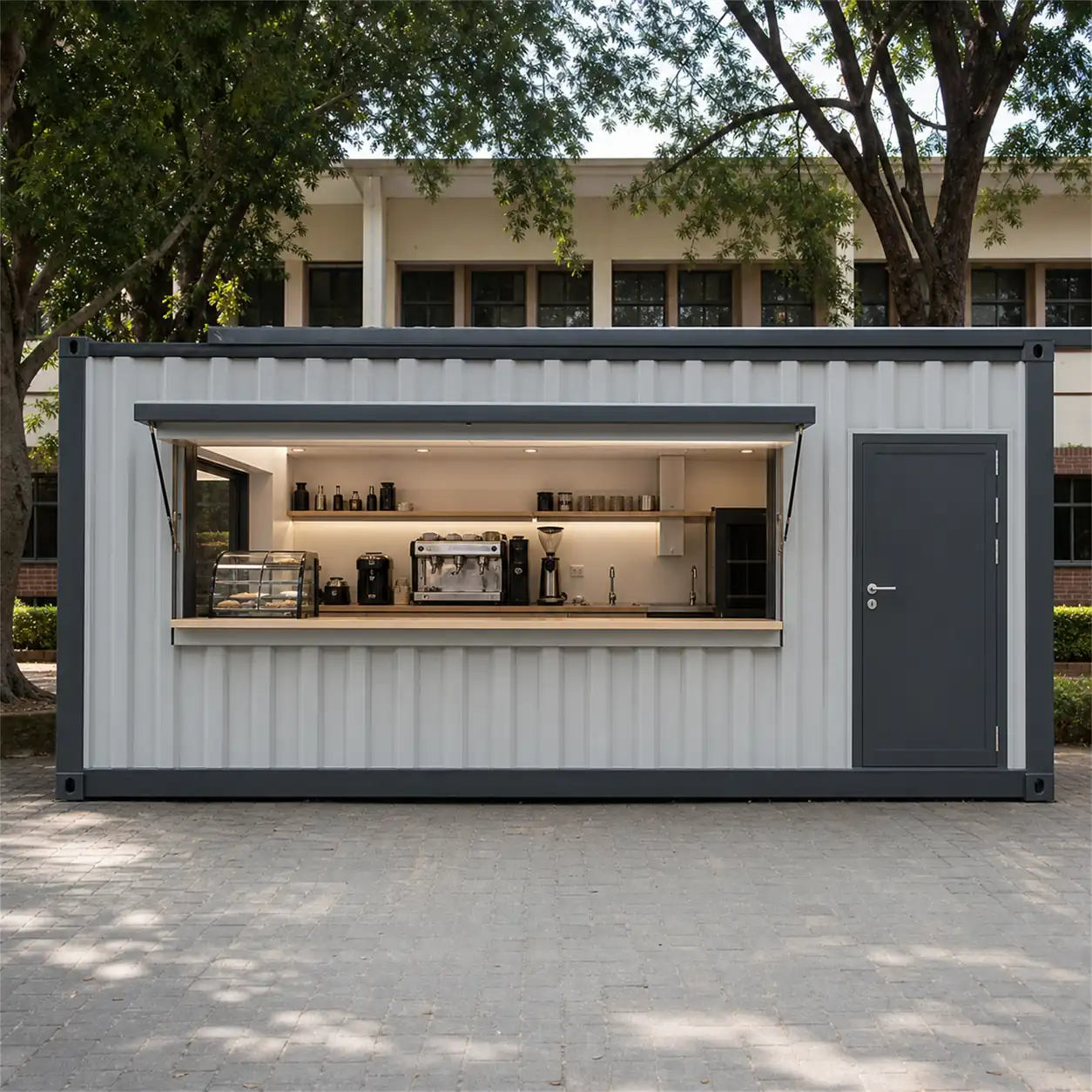 SAMAN container cafe 20x10x8.5 ft, 200 sq ft seating 17, straight-on front elevation