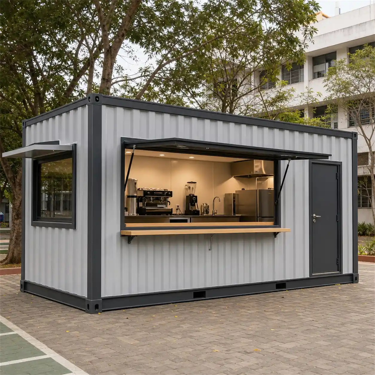 SAMAN container cafe 20x10x8.5 ft, 200 sq ft seating 17, front left three-quarter exterior view