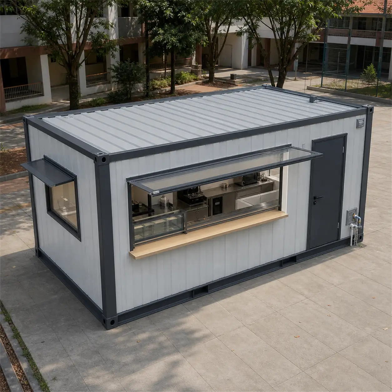 SAMAN container cafe 20x10x8.5 ft, 200 sq ft seating 17, elevated front right exterior view