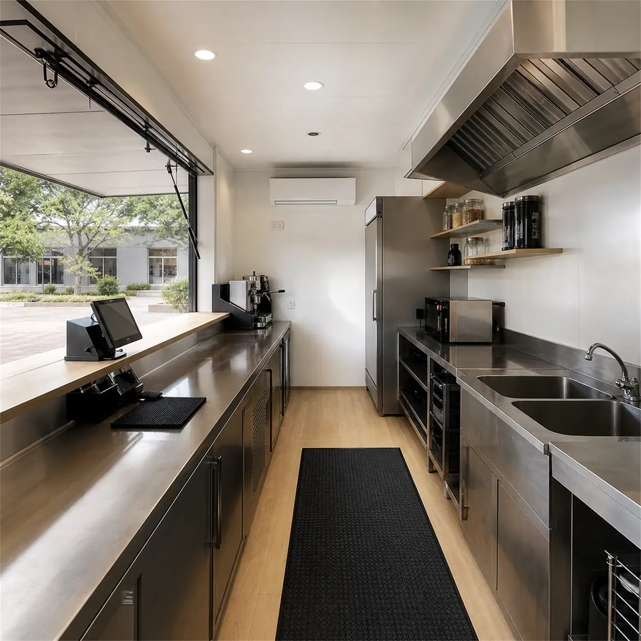 SAMAN container cafe 20x10x8.5 ft, 200 sq ft seating 17, interior of the service counter zone