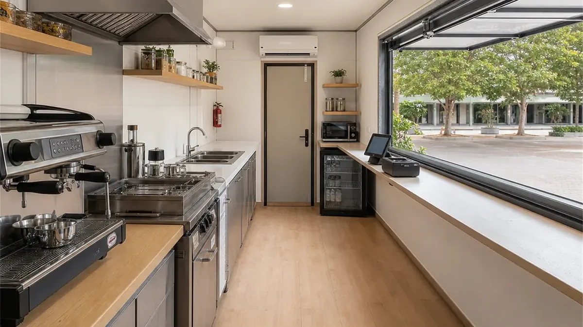 SAMAN container cafe 20x10x8.5 ft, 200 sq ft, interior of the main kitchen line and service counter zone, wide view