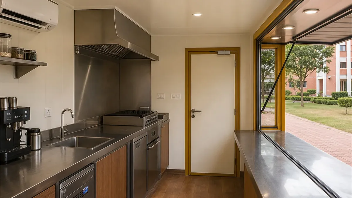 SAMAN container cafe 20x12x8.5 ft, 240 sq ft, interior of the main kitchen line and service counter zone, wide view