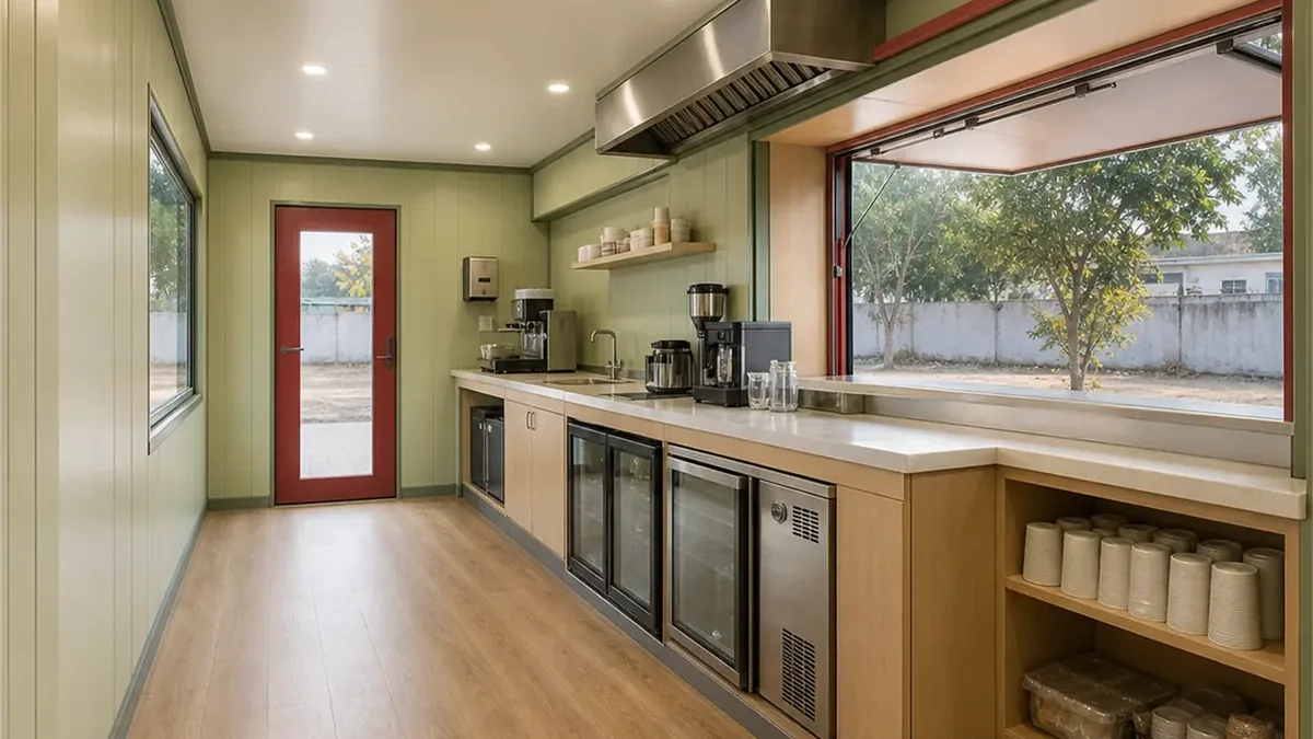 SAMAN container cafe 30x10x8.5 ft, 300 sq ft, interior looking back toward the entrance, wide view
