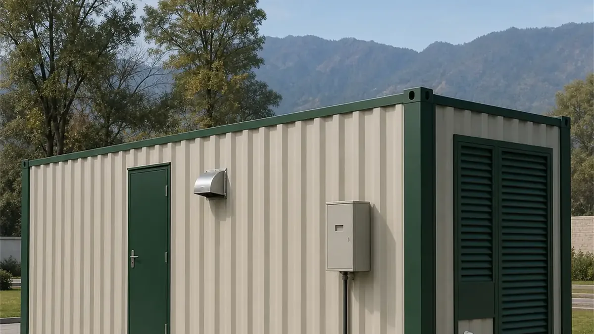 SAMAN container cafe 40x10x8.5 ft, 400 sq ft, rear right angled exterior view, wide view