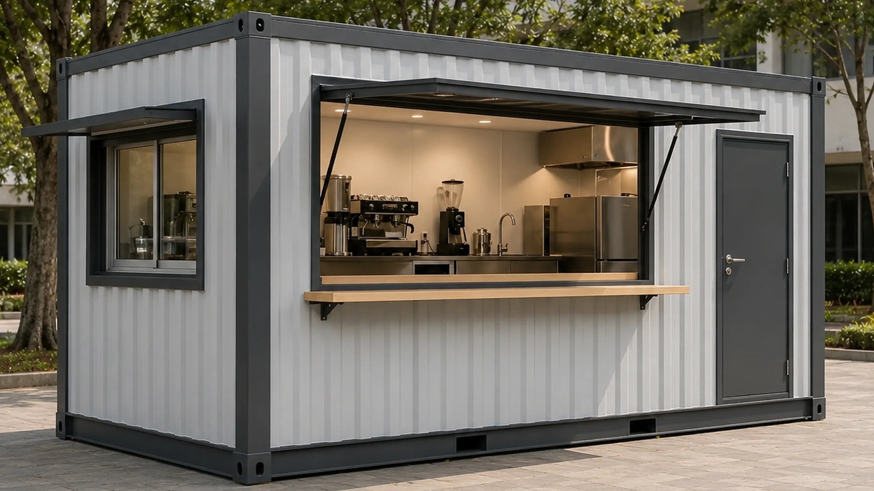 SAMAN container cafe 20x8x8.5 ft, 160 sq ft, front left three-quarter exterior view
