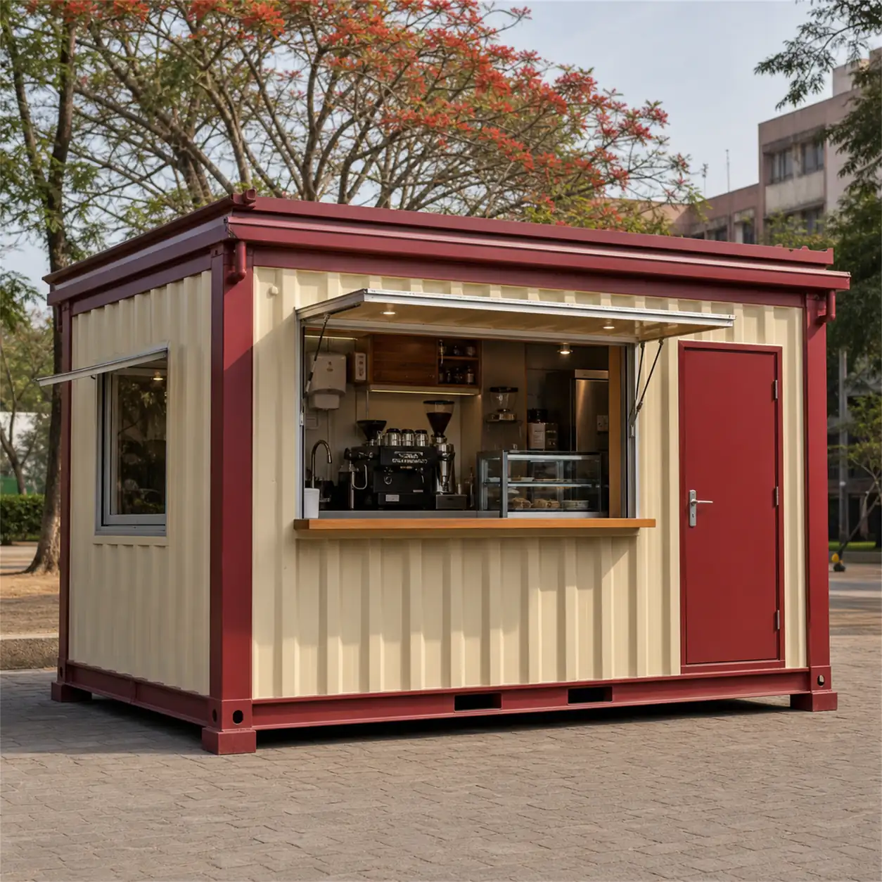 SAMAN container coffee shop 10x10x8.5 ft, 100 sq ft, front left three-quarter exterior view