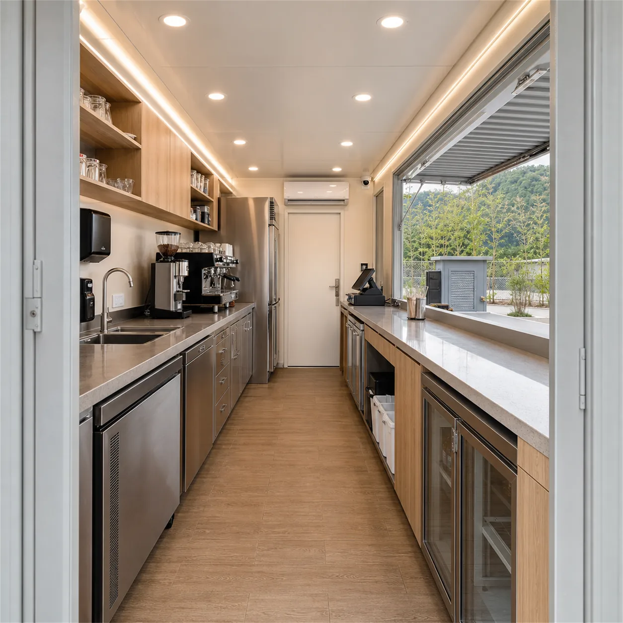 SAMAN container coffee shop 20x10x8.5 ft, 200 sq ft, interior looking along the entrance axis