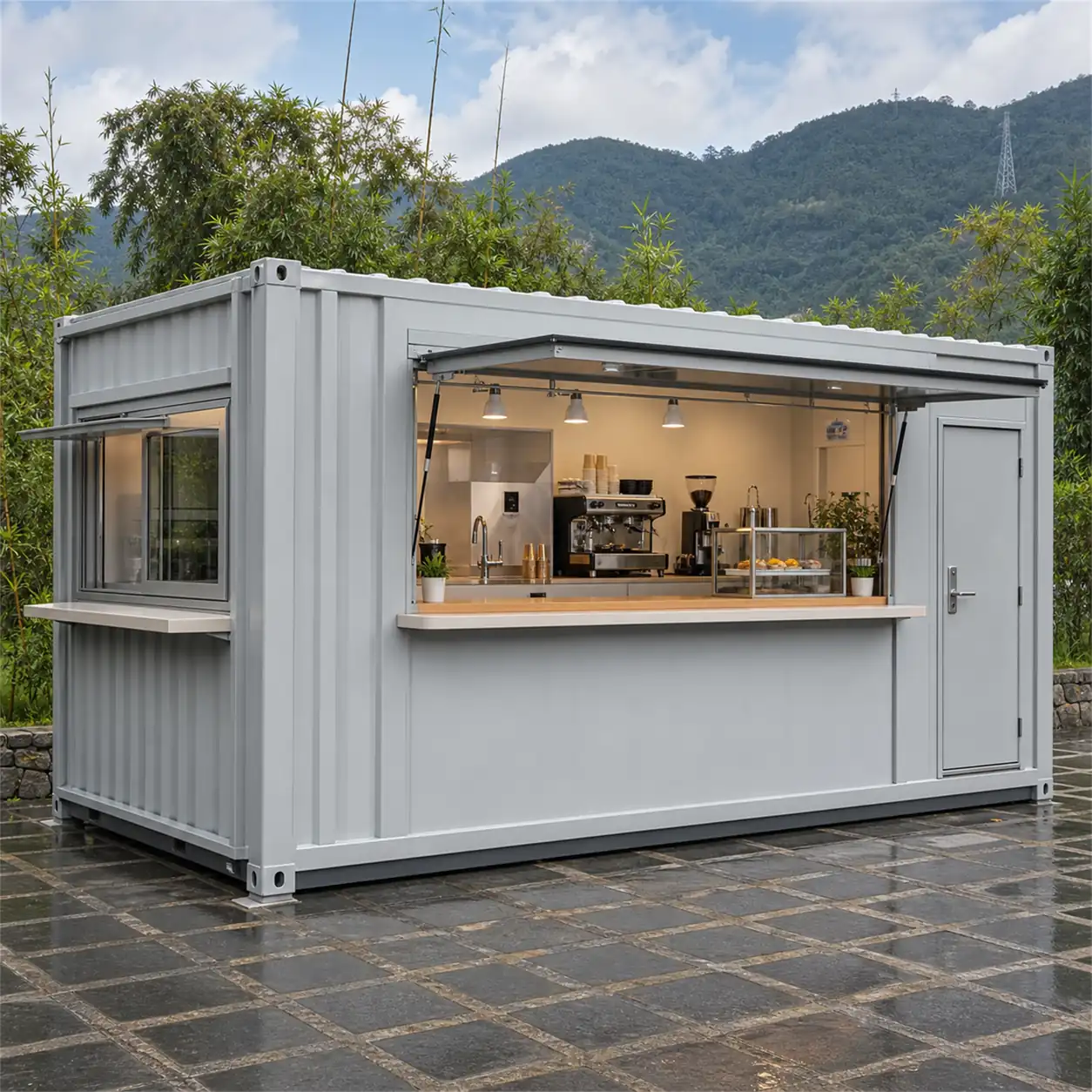 SAMAN container coffee shop 20x10x8.5 ft, 200 sq ft, front left three-quarter exterior view