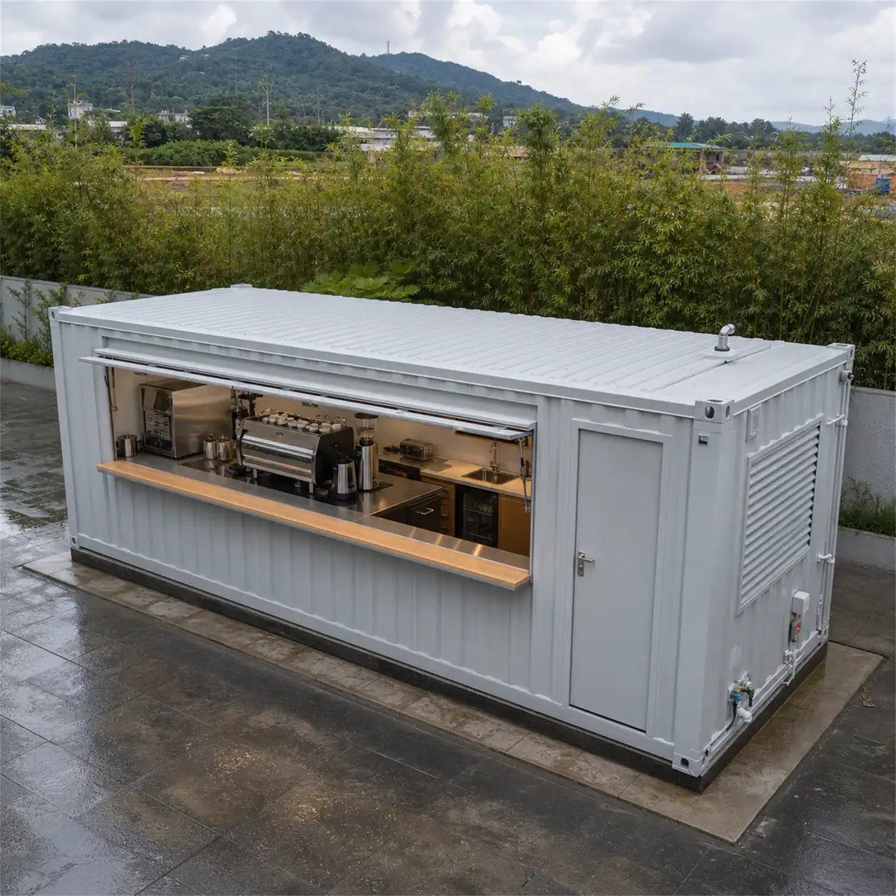 SAMAN container coffee shop 20x10x8.5 ft, 200 sq ft, elevated front right exterior view