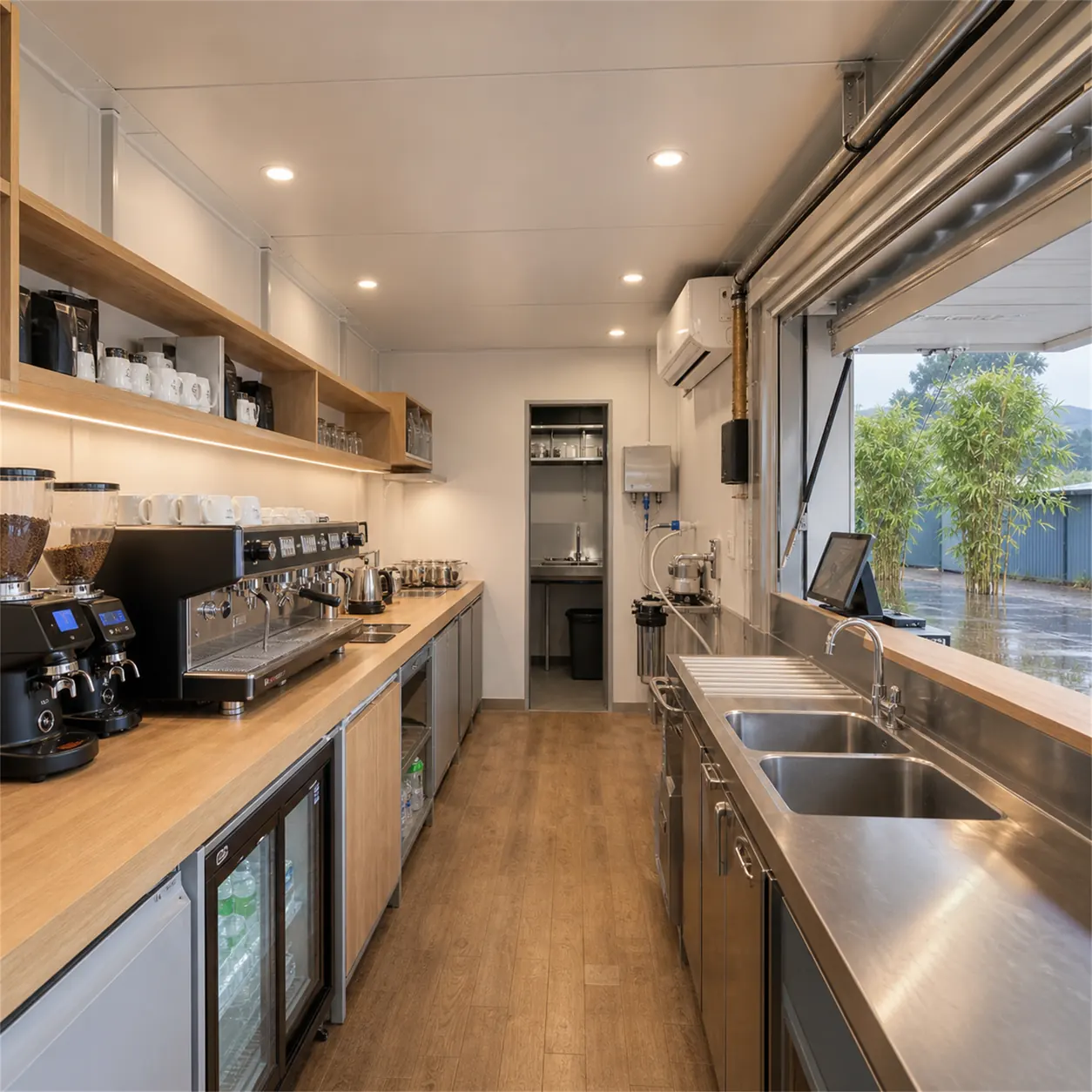 SAMAN container coffee shop 20x10x8.5 ft, 200 sq ft, interior of the service counter zone