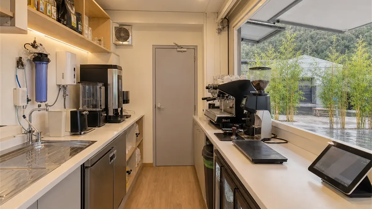 SAMAN container coffee shop 20x10x8.5 ft, 200 sq ft, interior of the primary zone, wide view