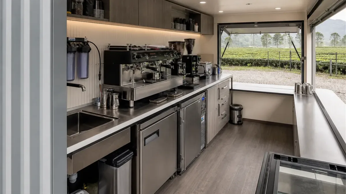 SAMAN container coffee shop 20x12x8.5 ft, 240 sq ft, interior of the primary zone, wide view