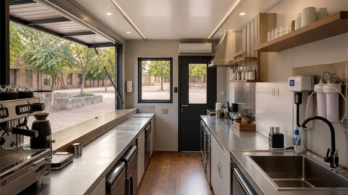 SAMAN container coffee shop 30x10x8.5 ft, 300 sq ft, interior looking back toward the entrance, wide view