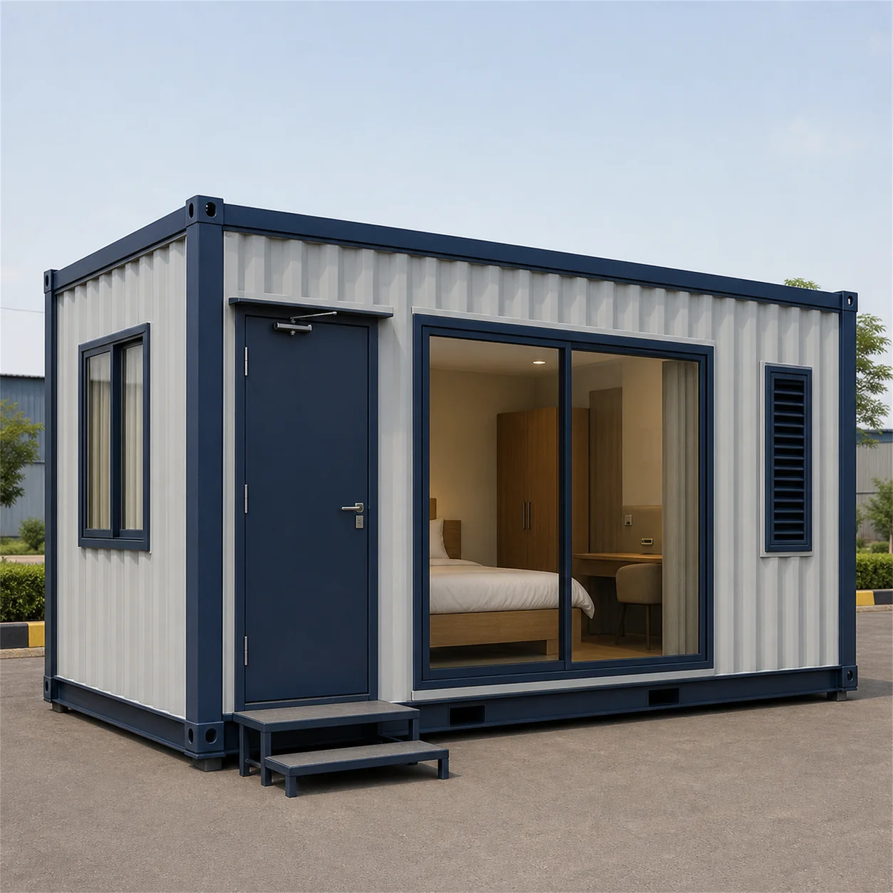 SAMAN container hotel module 10x10x8.5 ft, 100 sq ft, front left three-quarter exterior view
