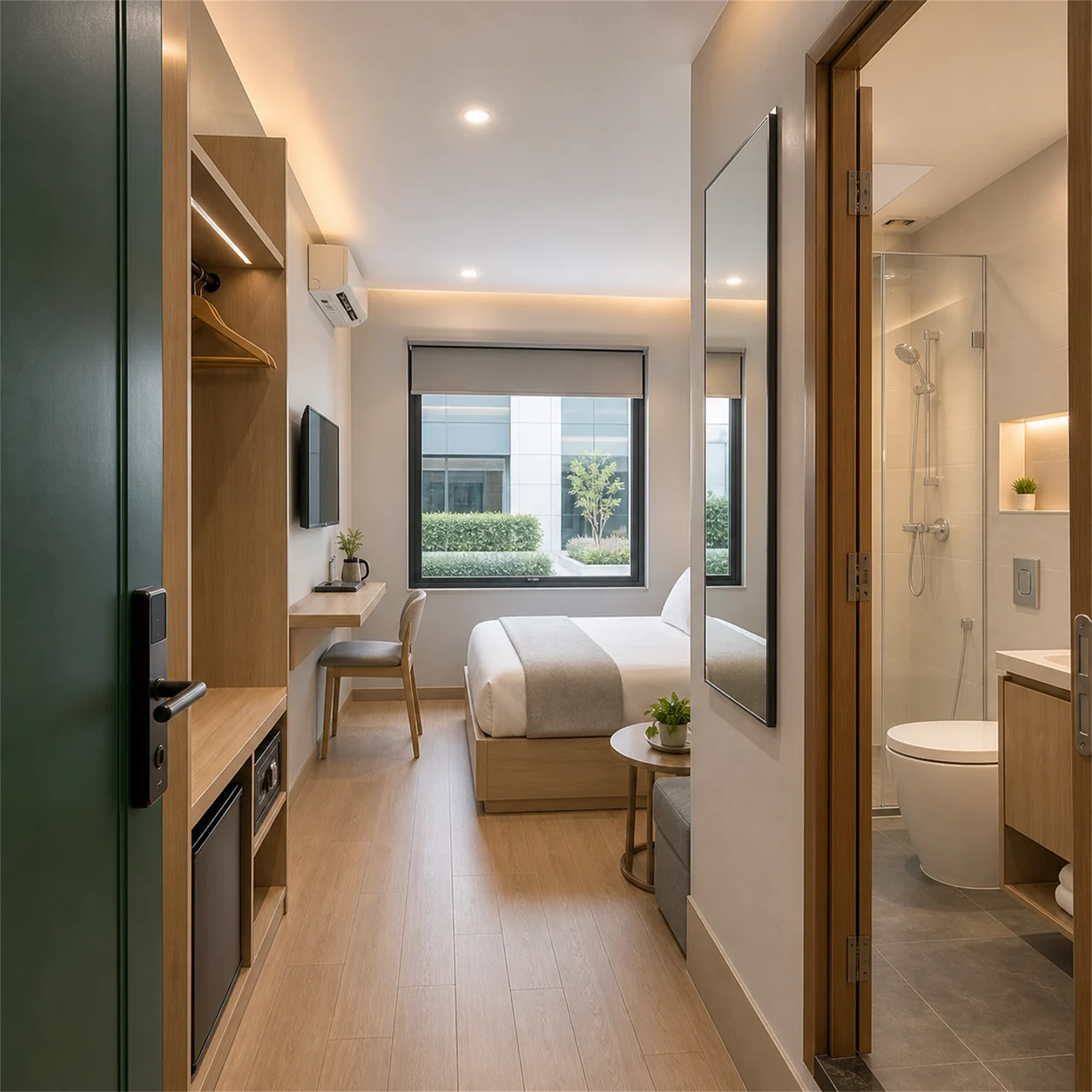 SAMAN container hotel module 20x10x8.5 ft, 200 sq ft, interior looking along the entrance axis