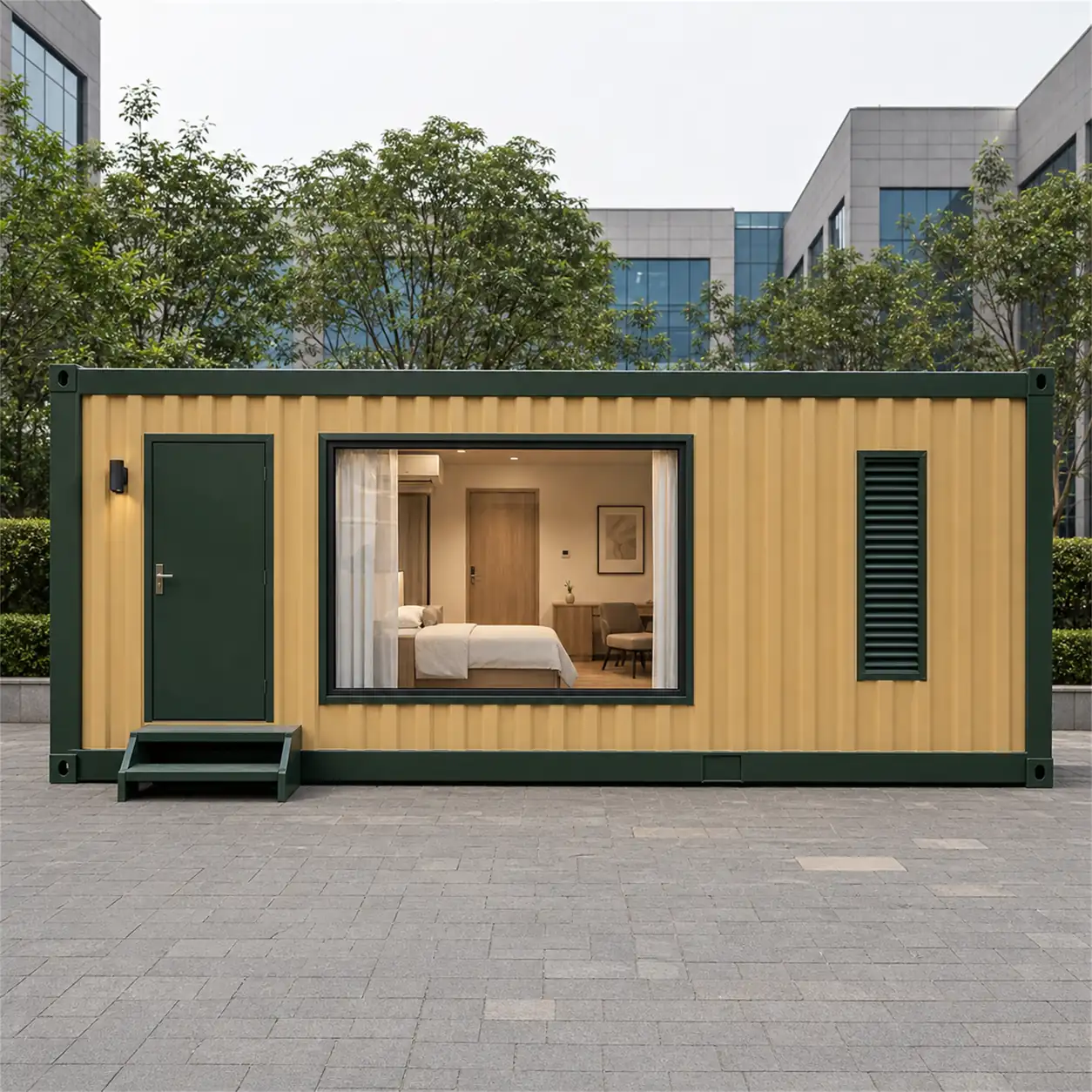 SAMAN container hotel module 20x10x8.5 ft, 200 sq ft, straight-on front elevation