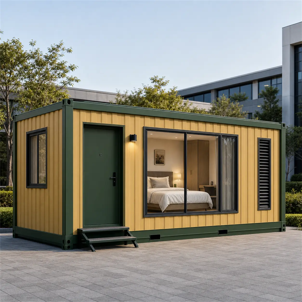 SAMAN container hotel module 20x10x8.5 ft, 200 sq ft, front left three-quarter exterior view