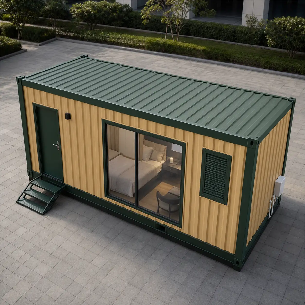 SAMAN container hotel module 20x10x8.5 ft, 200 sq ft, elevated front right exterior view