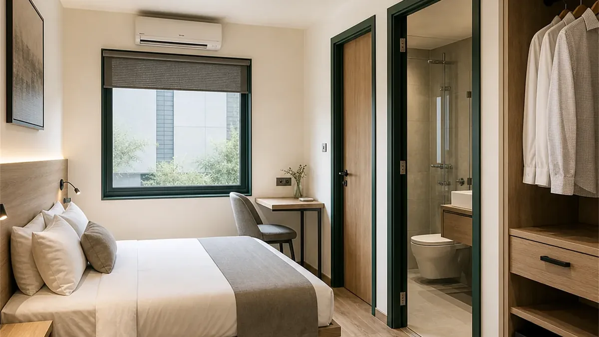 SAMAN container hotel module 20x10x8.5 ft, 200 sq ft, interior of the primary zone, wide view