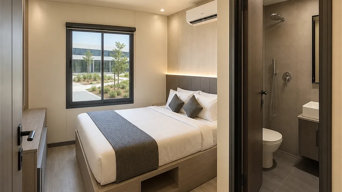 SAMAN container hotel module 20x12x8.5 ft, 240 sq ft, interior of the primary zone, wide view