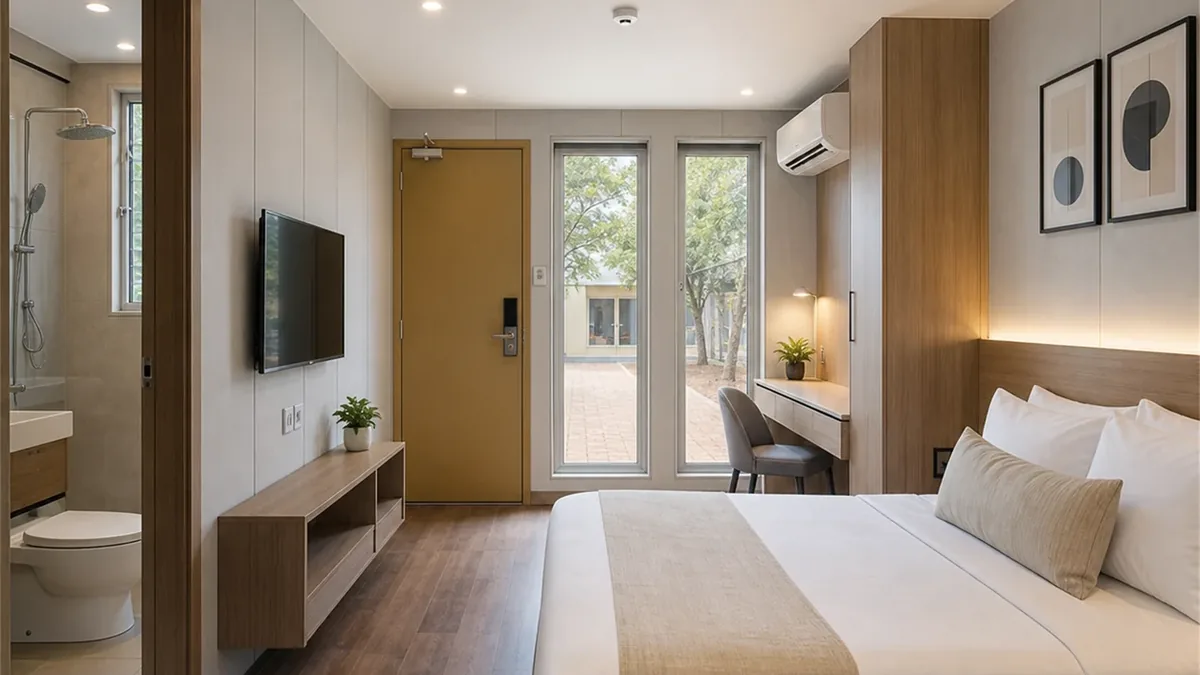 SAMAN container hotel module 30x10x8.5 ft, 300 sq ft, interior looking back toward the entrance, wide view