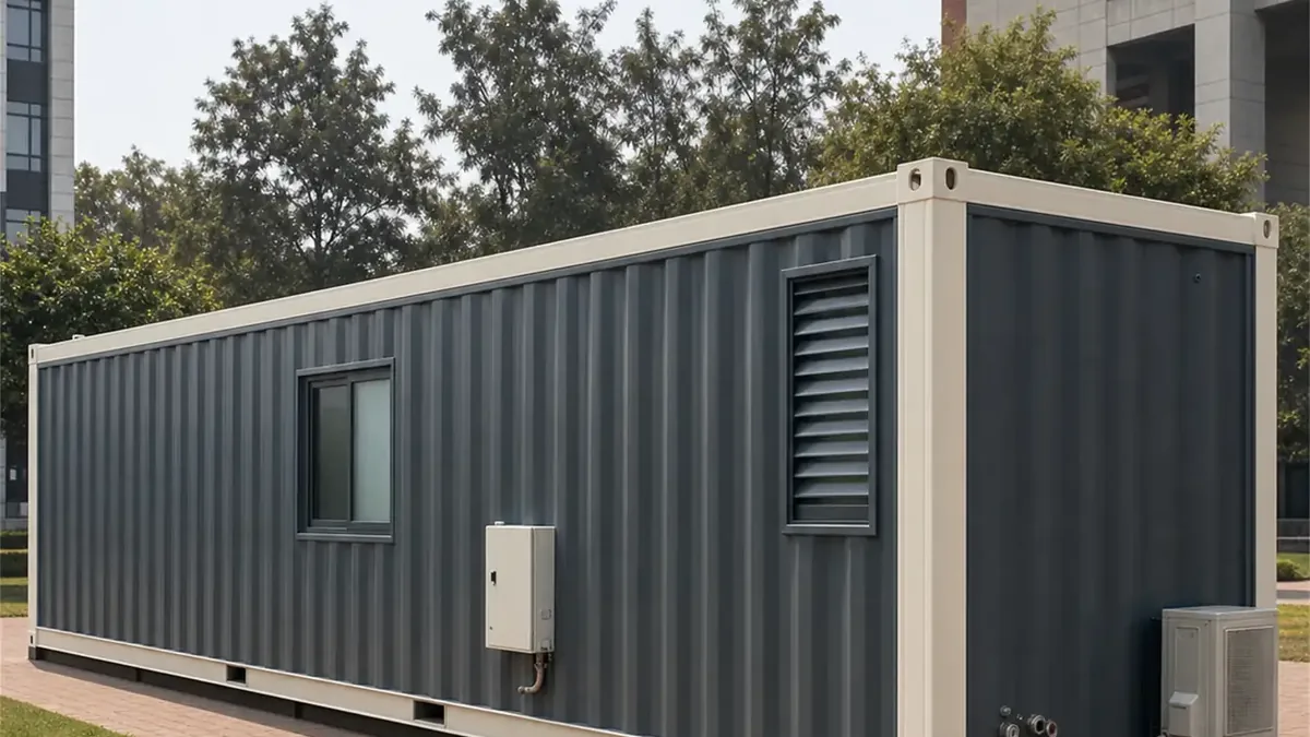 SAMAN container hotel module 40x10x8.5 ft, 400 sq ft, rear right angled exterior view, wide view