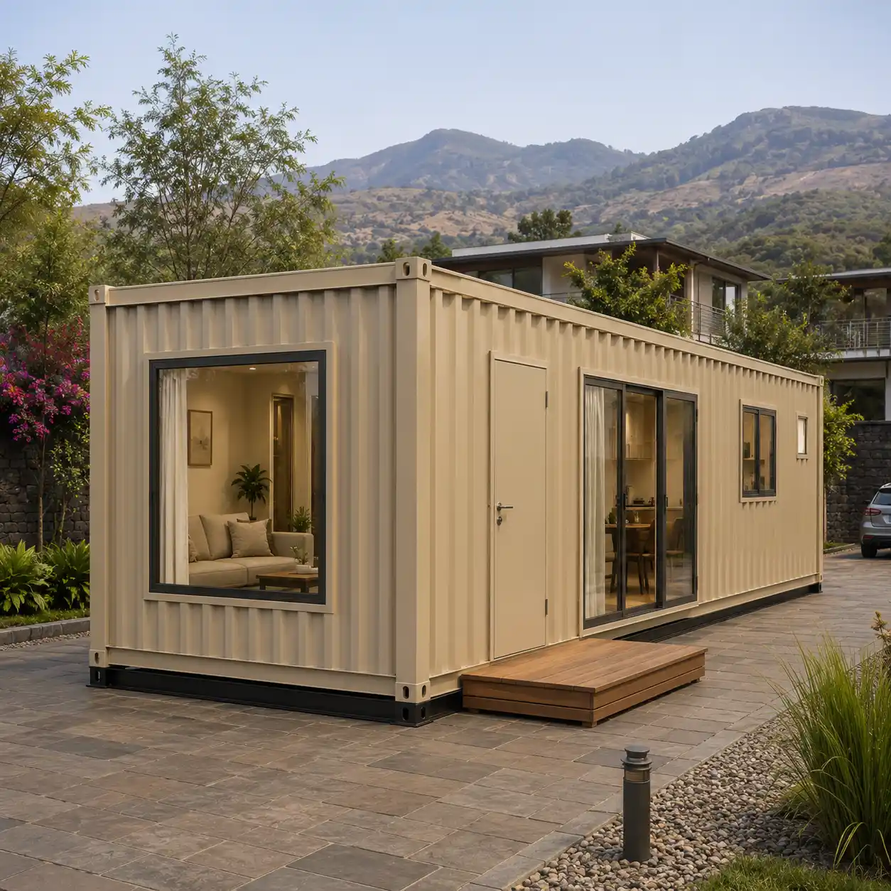 20 x 10 ft container house, front right exterior showing the entrance wall and the 10 ft end wall