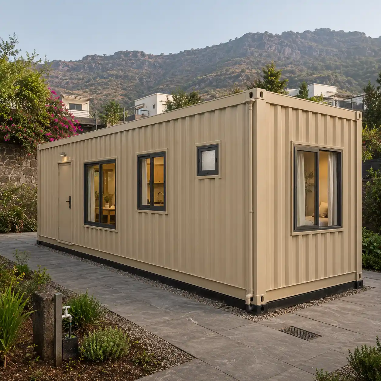 20 x 10 ft container house, rear angle showing the rear long wall and the bedroom end wall