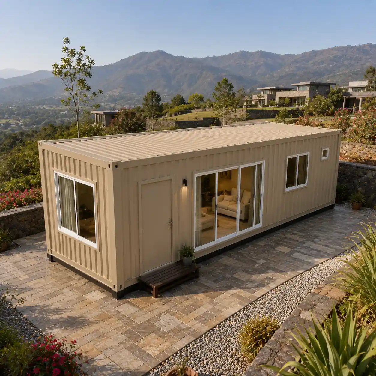 20 x 10 ft container house, elevated view showing the flat ISO container roof