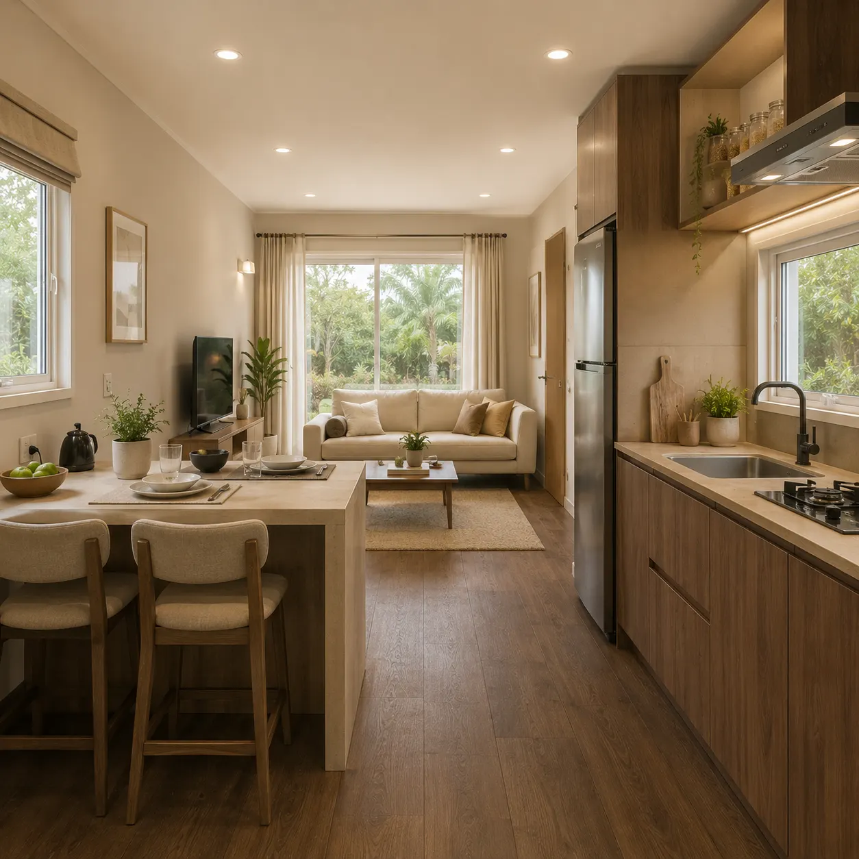 20 x 10 ft container house interior, kitchen and dining area